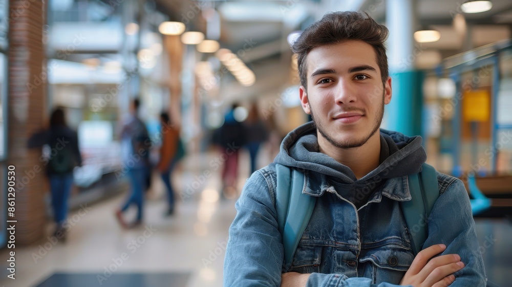 Naklejka premium Young man standing in college hallway