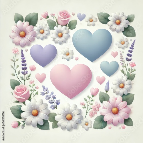 Peaceful love clipart with hearts and flowers. white background. Design Element for Valentine's Day, Birthday, New Year, Christmas Card, Wedding Invitation,Sale Flyer.