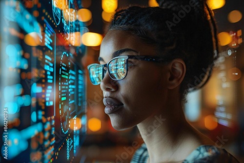 Young beautiful African American business accountant using AI software to calculate tax invoice on holographic screens in futuristic office setting.