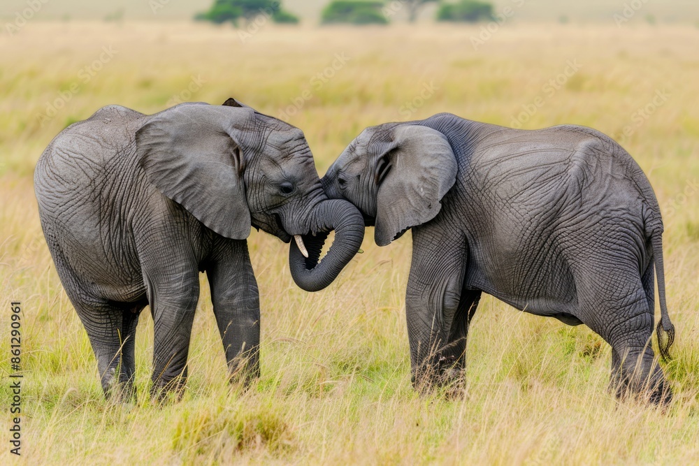 Obraz premium African elephants greeting on savanna grass in Masai Mara, Kenya.