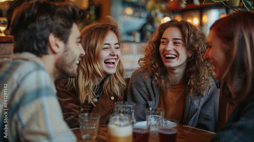 Friends laugh and enjoy each other's company in a warm and inviting atmosphere Friends laugh and enjoy each other's company in a warm and inviting atmosphere