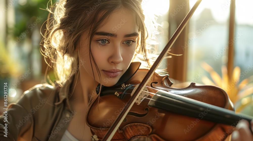 A young woman playing the violin in a sunlit room, with focus and emotion, capturing the beauty and dedication of musical performance A young woman playing the violin in a sunlit room, with focus and emotion, capturing the beauty and dedication of musical performance