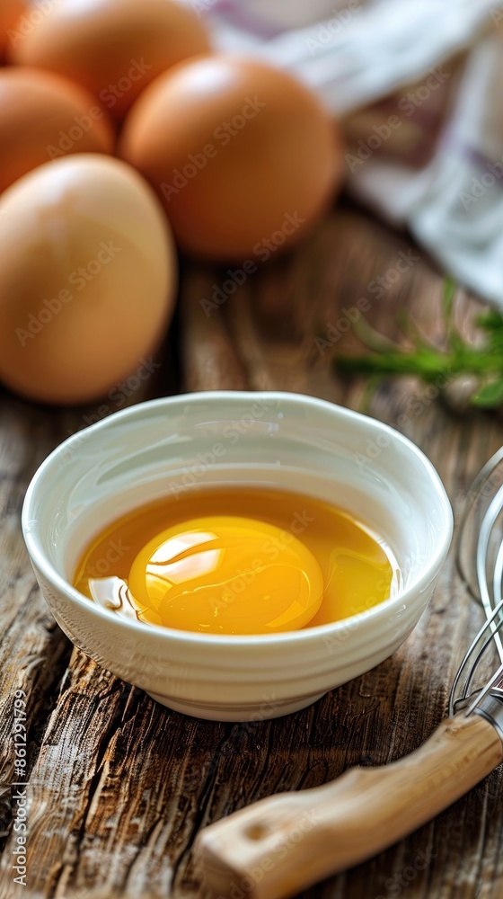 A white bowl filled with brown eggs sits on a rustic wooden table. Beside it are various baking tools, including a wooden spoon and a whisk A white bowl filled with brown eggs sits on a rustic wooden table. Beside it are various baking tools, including a wooden spoon and a whisk