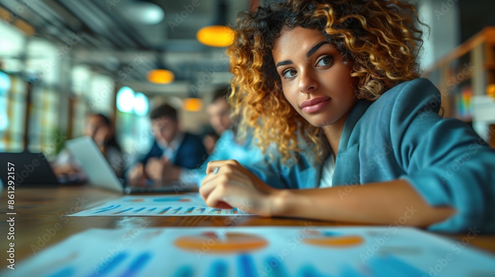 Fototapeta premium Young Professional Analyzing Financial Reports. Young professional woman with curly hair analyzing financial reports during a business meeting in a modern office, reflecting focus and diligence.