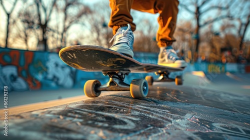 A young man practicing skateboarding tricks in an urban skate park, showcasing skill, energy, and the culture of street sports