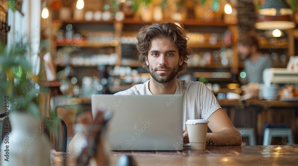 A young entrepreneur working on a laptop in a trendy cafe with a cup of coffee and a focused expression A young entrepreneur working on a laptop in a trendy cafe with a cup of coffee and a focused expression