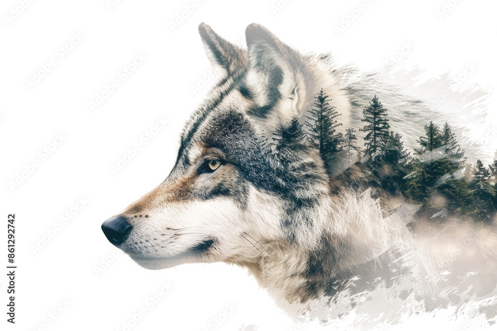 Fototapeta premium Majestic Wolf Double Exposure with Forest Landscape