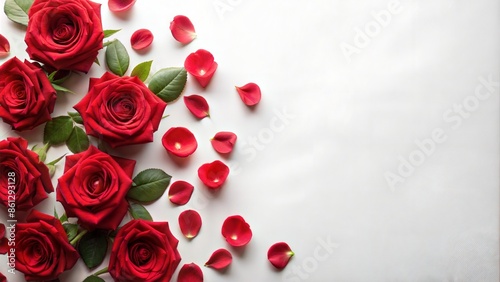 Beautiful red roses and petals on white background, top view. Space for text