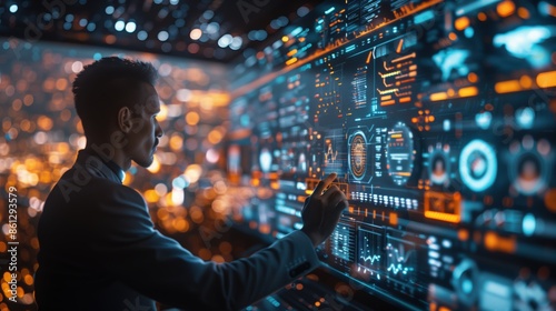 Wallpaper Mural Tech Professional Using Digital Interface. Tech professional using a high-tech digital interface, highlighting innovation and advanced technology in a futuristic setting. Torontodigital.ca