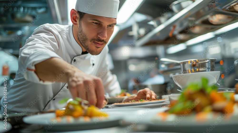 A skilled chef plating a gourmet dish in a high-end restaurant kitchen, showcasing culinary artistry A skilled chef plating a gourmet dish in a high-end restaurant kitchen, showcasing culinary artistry