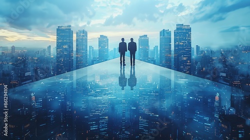 Executives on Skywalk Over City. Executives on a skywalk overlooking the city, symbolizing vision, ambition, and leadership in a modern corporate setting.