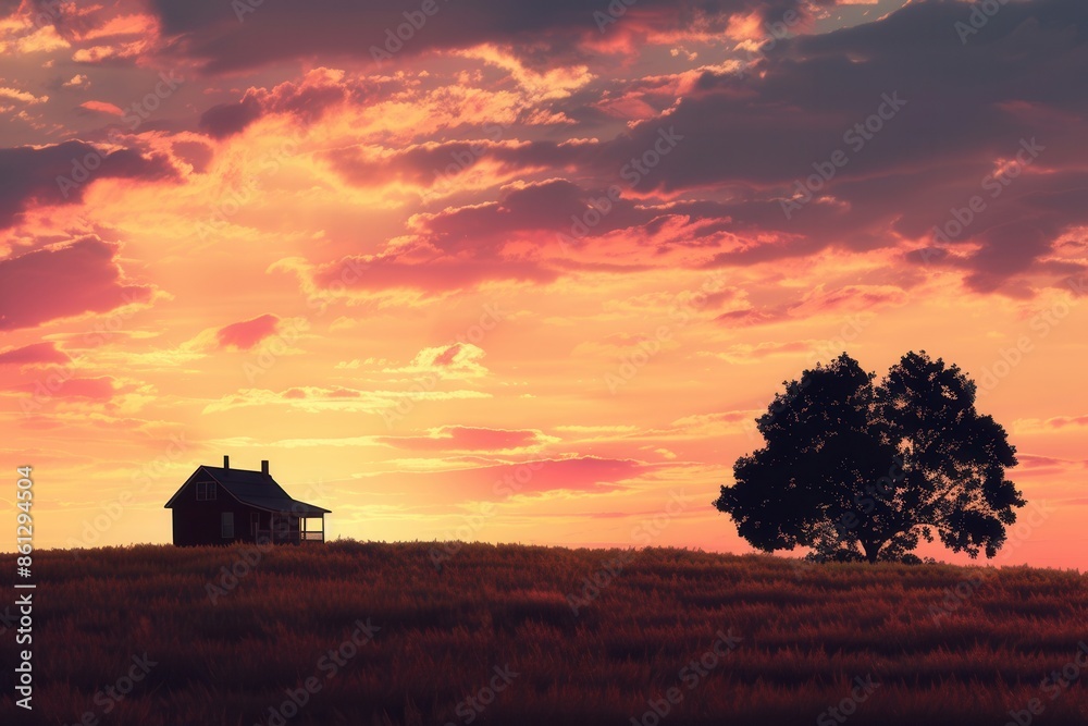 A tranquil scene of a farmhouse silhouetted against a vibrant sunset sky. Perfect for agritourism and farm product promotions. Generative AI