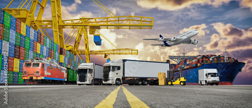 System transport and logistics of truk container cargo ship and cargo plane. 3d rendering and illustration. photo