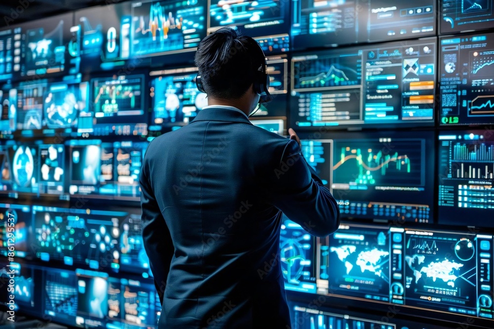 Elevated view of a team leader using holographic screens to train his call center operators in a futuristic office setting. Elevated view of a team leader using holographic screens to train his call center operators in a futuristic office setting.