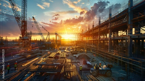 The construction site, illuminated by the sunset, depicts a busy industrial scene with workers and cranes. AIG53M photo