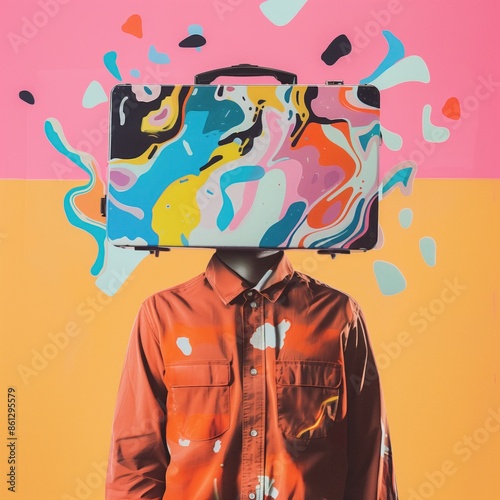 A person with a suitcase as their head, spilling abstract shapes and colors, set against a pastel background photo