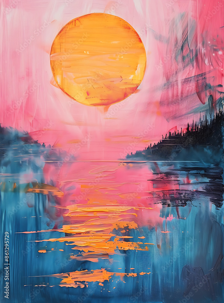 Abstract painting using brush strokes depicting a large yellow sun ...