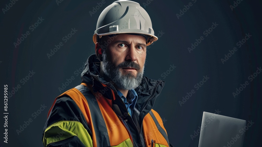 Fototapeta premium A Portrait Of A Power Engineer Wearing A Safety Jacket And Hardhat With A Laptop Computer, His Professionalism Clear
