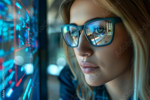 Beautiful woman with stylish glasses using a holographic screen to monitor the healing progress of her ankle sprain. photo