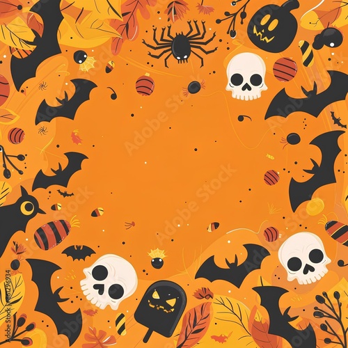 Halloween orange cover design, spooky wallpaper design with skulls ,bats and spiders.Illustration generated with AI