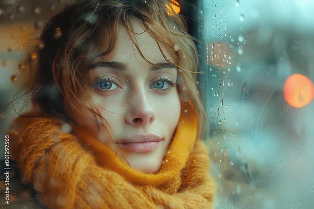 A young woman with expressive eyes and a scarf gazes out a rainy window, her face adorned with delicate freckles, embodying an introspective and serene mood. A young woman with expressive eyes and a scarf gazes out a rainy window, her face adorned with delicate freckles, embodying an introspective and serene mood.