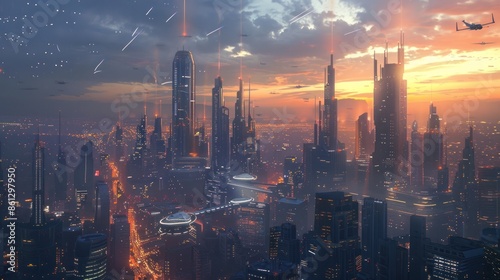 Wallpaper Mural A futuristic cityscape at dusk with flying cars and illuminated skyscrapers, highlighting advanced technology and urban development Torontodigital.ca