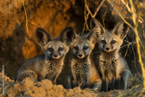 Bat-eared fox (Otocyon megalotis) cubs by den at dawn, Laikipia County, Kenya photo