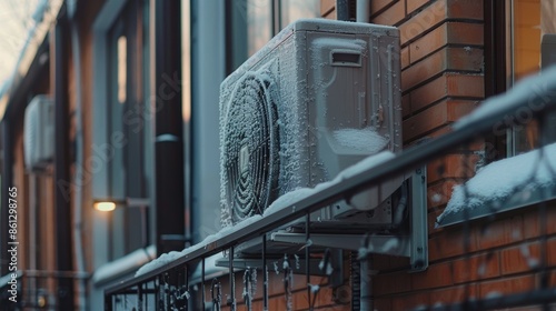 close-up shot of an outdoor air conditioner on the balcony, covered in snow and ice crystals, with red brick walls, black metal railings photo