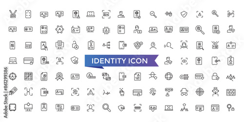 Identity icon collection. Related to ID card, biometric, fingerprint, identification, passport, DNA and authentication icons.