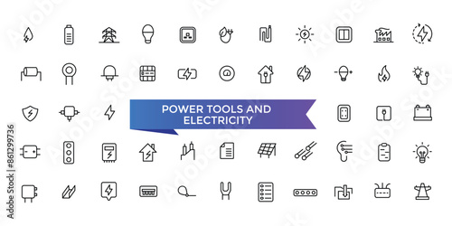 Power Tools And Equipment Icon set with editable stroke collection for web and ui. Line icons pack. Vector illustration.