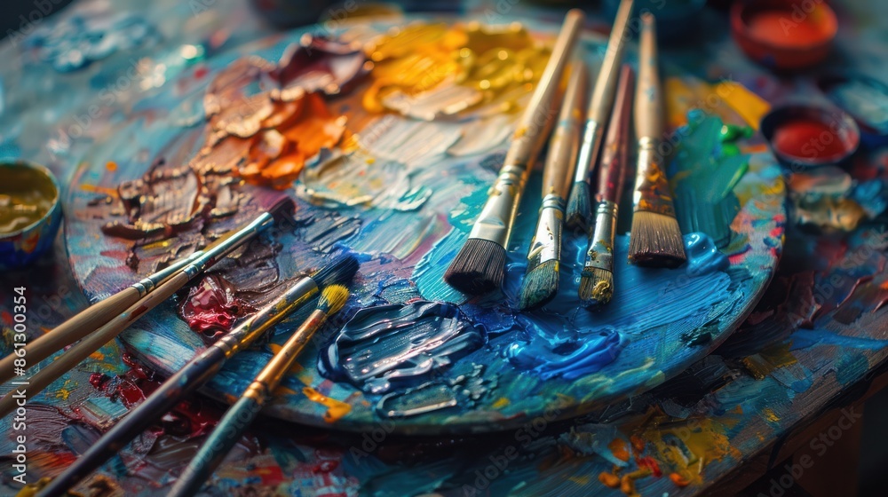 Fototapeta premium A close-up of an artist's palette with vibrant paints and brushes, showcasing creativity and the process of making art