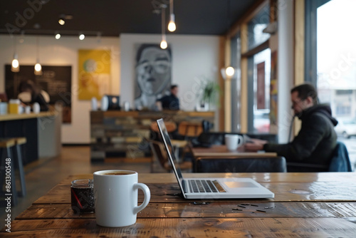 Laptop and coffee on a wooden table in a cozy cafe with blurred background