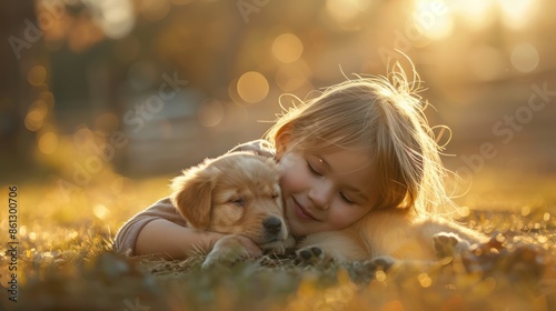 Fototapeta Naklejka Na Ścianę i Meble -  A child playing with a puppy in a sunny backyard, with the playful interaction and joyful expressions capturing the innocence and happiness of childhood and the bond between children and pets