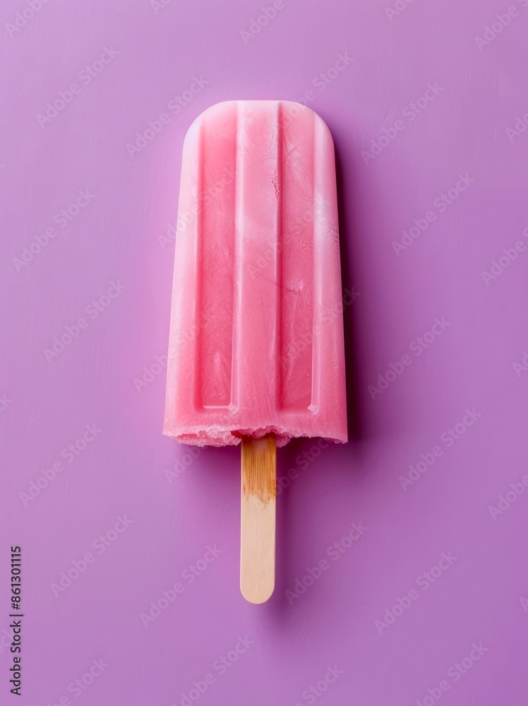 Pink ice pop on a purple background, top view. Frozen strawberry ice cream on a wooden stick. Pink ice pop on a purple background, top view. Frozen strawberry ice cream on a wooden stick.