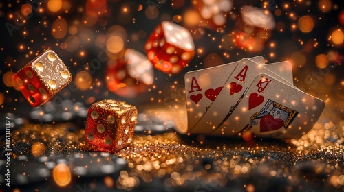 Playing cards with flames and smoke, along with casino chips and golden poker cards, sparkle against a black background