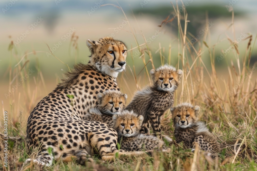 Obraz premium Cheetah with cubs (Acinonyx jubatus)
