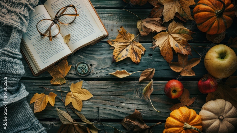 A book is open on a table with a pile of leaves and a few apples A book is open on a table with a pile of leaves and a few apples