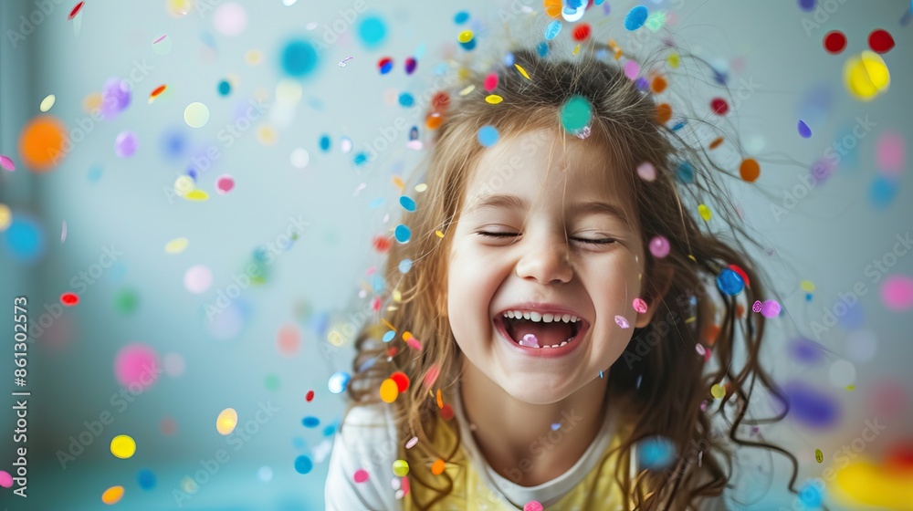 A joyful child laughing with colorful confetti falling around them, capturing a moment of pure happiness and celebration. A joyful child laughing with colorful confetti falling around them, capturing a moment of pure happiness and celebration.