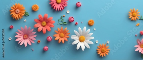 cute flowers on blue background top view banner with copy space