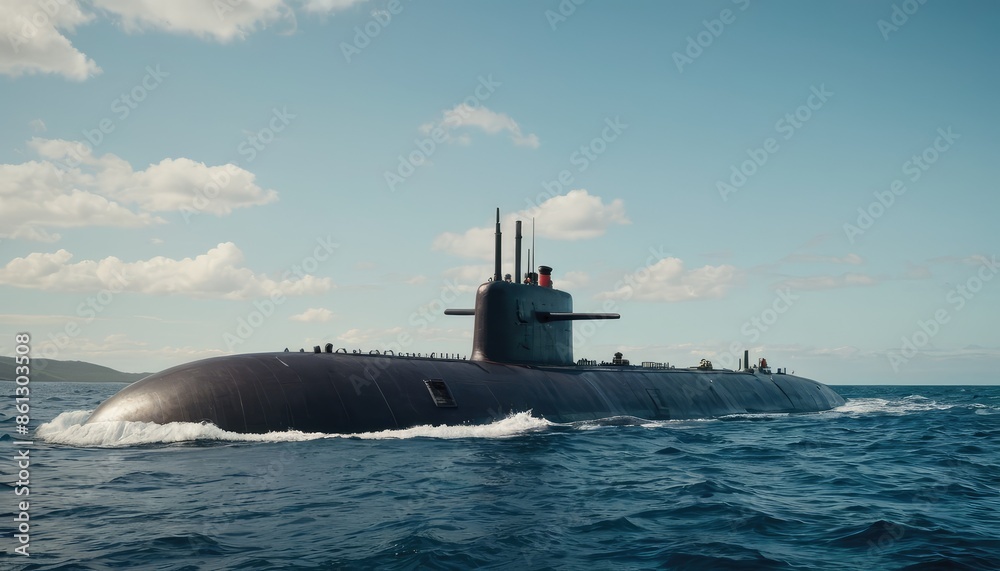Fototapeta premium An advanced submarine navigating calm waters, highlighting cutting-edge naval capabilities