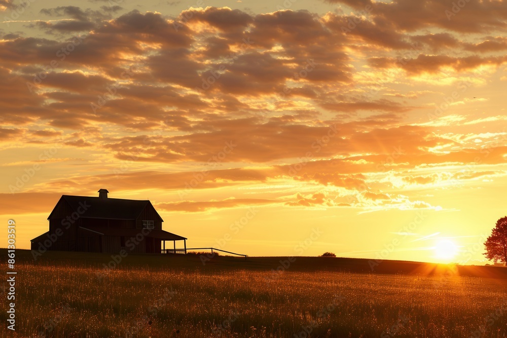A serene sunset illuminates a rural farmhouse silhouette against a backdrop of rolling fields, creating a picturesque scene perfect for agritourism and farm product promotions. Generative AI A serene sunset illuminates a rural farmhouse silhouette against a backdrop of rolling fields, creating a picturesque scene perfect for agritourism and farm product promotions. Generative AI