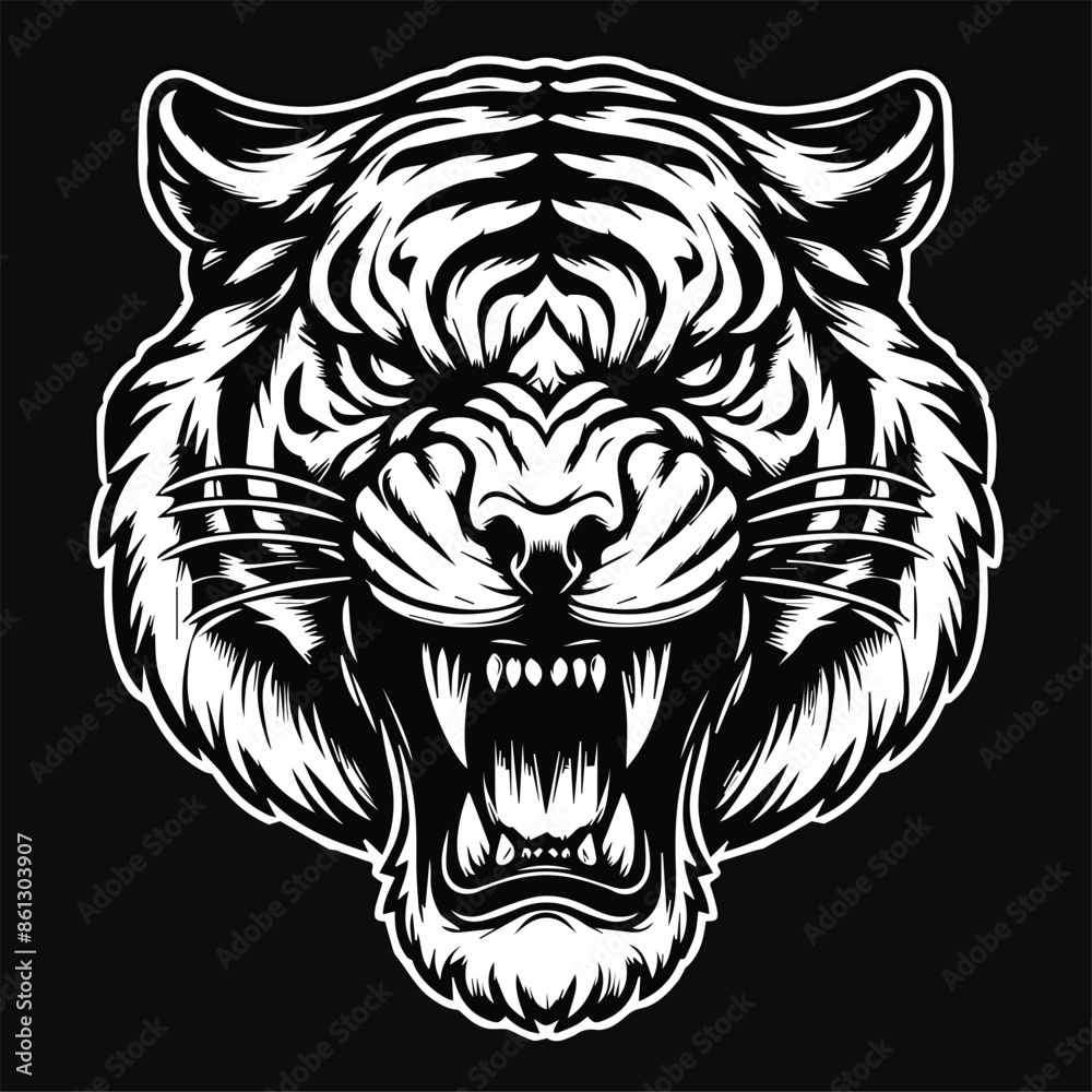 Fototapeta premium Dark Art Vicious Beast Tiger Head Black and White Illustration