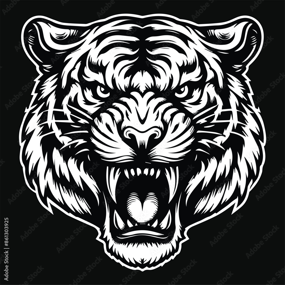 Fototapeta premium Dark Art Vicious Beast Tiger Head Black and White Illustration