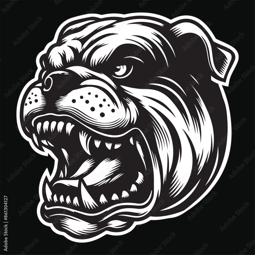 Obraz premium Dark Art Angry Fierce Bulldog Head Black and White Illustration