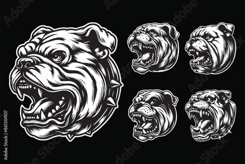 Dark Art Angry Fierce Bulldog Head Black and White Illustration