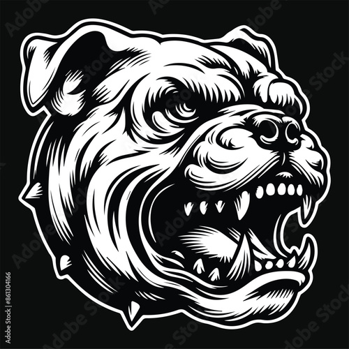 Dark Art Angry Fierce Bulldog Head Black and White Illustration
