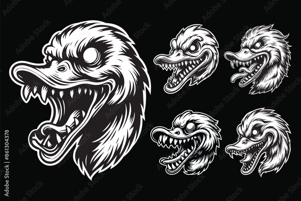 Obraz premium Dark Art Angry Scary Duck Head with Sharp Teeth Black and White Illustration