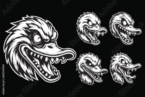 Dark Art Angry Scary Duck Head with Sharp Teeth Black and White Illustration