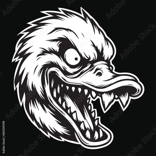 Dark Art Angry Scary Duck Head with Sharp Teeth Black and White Illustration