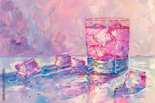 Pink Drink With Ice Cubes and Reflections on a Table photo